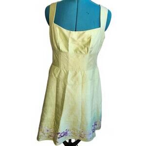 Kay Unger NY Iridescent Green Silk A-Line Dress Embroidered Hem Size 12